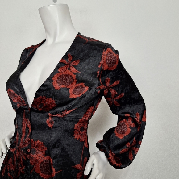 Zara "NEW" Black Red Floral Button Front Witchy Whimisigoth Mini Dress Size XS - Picture 10 of 15